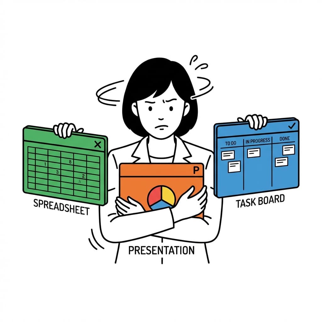 Excel・PowerPoint・タスク管理ツールに追われるイメージ