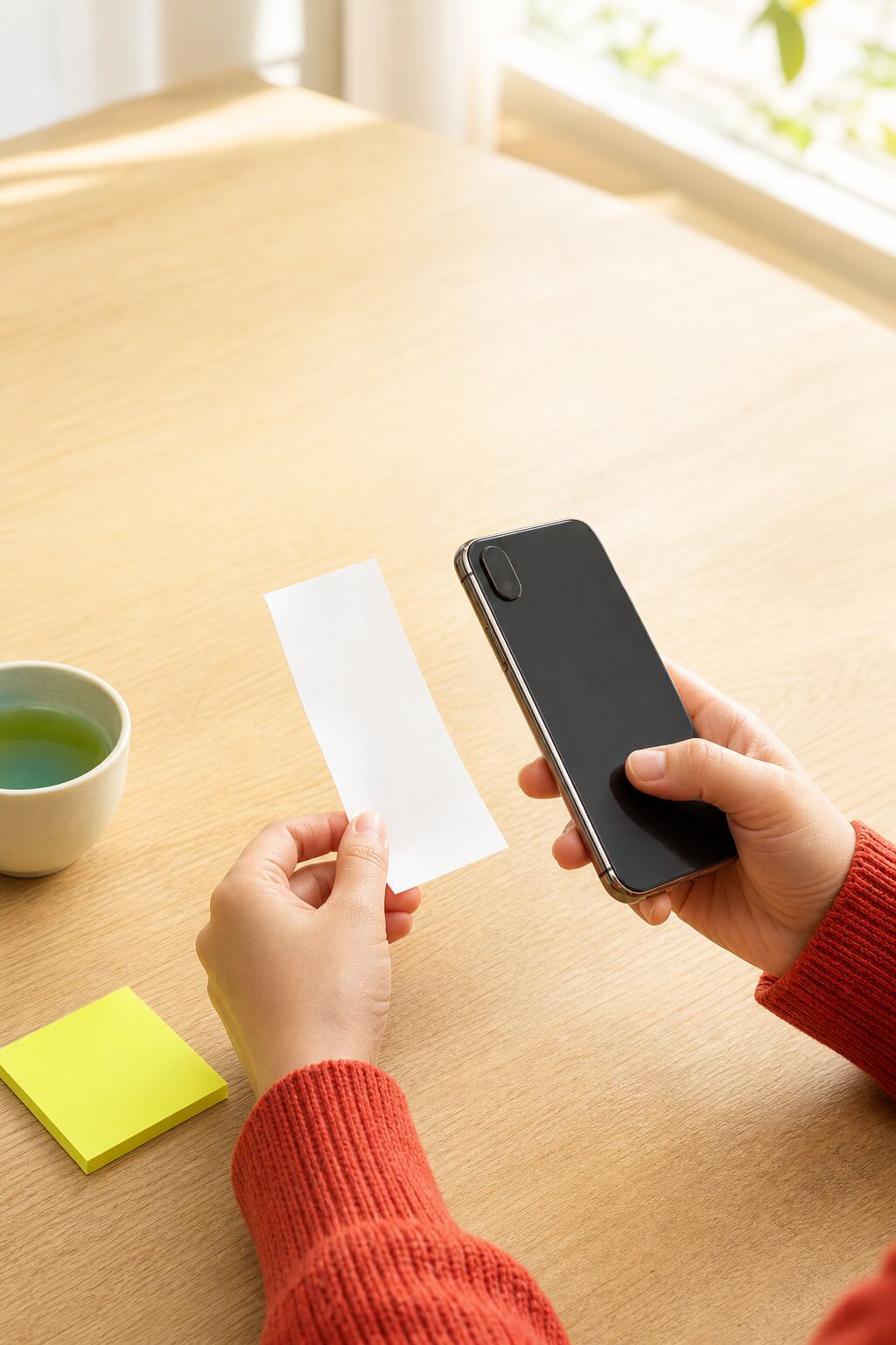 窓辺の明るい机で、書類をスマートフォンで撮る手元